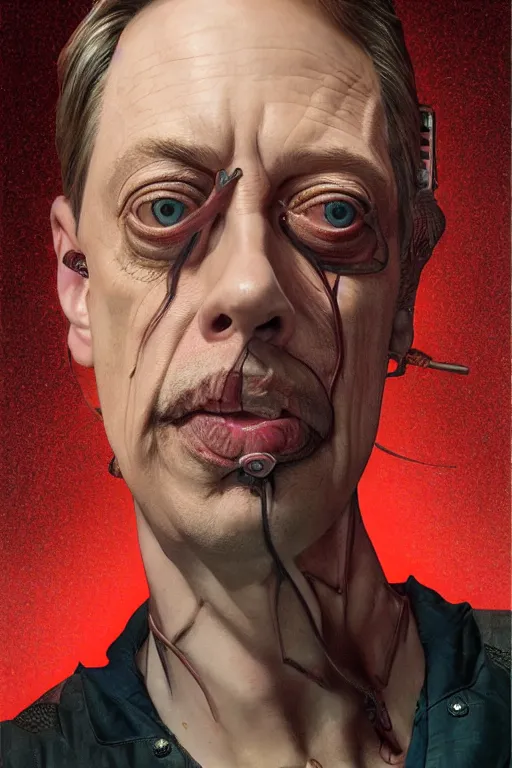 Image similar to wow! 3 / 4 stunning photorealistic portrait of steve buscemi in a kowloon cyberpunk cityscape, biomechanical bodysuit, oppai proportions, acid rain, dark fantasy by artgerm and clay mann and sorayama and alphonse mucha, very realistic, hyperdetailed, trending on artstation, octane render