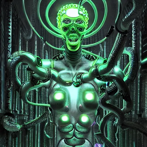 Image similar to the upper torso of a terminator gorgon medusa with borg implants and robotic snakes coming out of her head is hanging from cables and wires off the ceiling of a lab. Tiny green led lights in her cybernetics. She is bolding a cup of coffee. very detailed 8k. Art by nekro. Horror style.