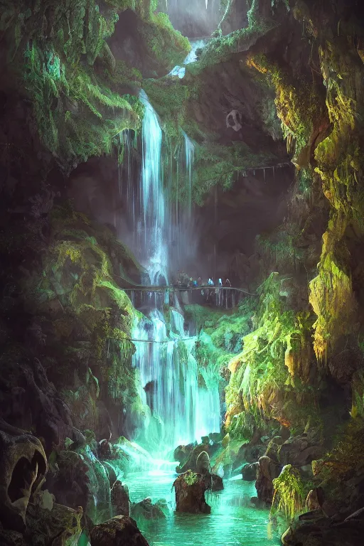Prompt: a massive waterfall with emerald-green water in an underground cavern lit by torchlight, rope bridge, skulls, fantasy oil painting, HD, 4k, 8k, incredibly detailed, intricate, masterpiece, trending on artstation, cgsociety