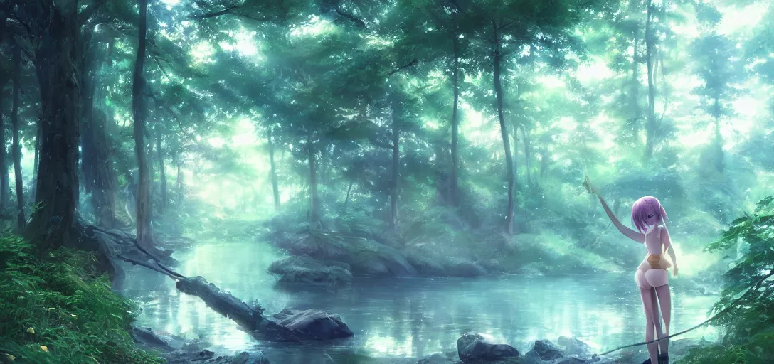 Image similar to anime forest and river, magical, mythical, ethereal, hyper realistic, straight lines 8k hdr pixiv dslr photo by Makoto Shinkai ilya kuvshinov and Wojtek Fus, digital art, concept art,