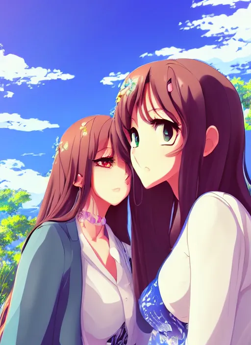 Image similar to two beautiful women under a blue sky, casual summer clothes, gorgeous faces, thick lines, cinematic lighting, detailed anime art