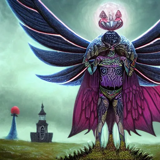 Image similar to A centered chest up portrait of a psychedelic godlike mothman with giant mandala wings smoking a hand-rolled cigarette smoking heavily , magic mushroom village in background , award winning. superb resolution. in the art style of junji Ito and greg rutkowski . Detailed Mushroom city in background. Hyper realistic anime. Perfect art. Dalle2