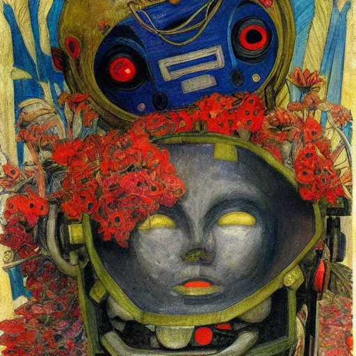 Image similar to a painting of a robot wearing a mask made of flowers, by annie swynnerton and diego rivera, symbolist, dramatic lighting, elaborate geometric ornament, art brut, soft cool colors, smooth, sharp focus, extremely detailed, adolf wolfli