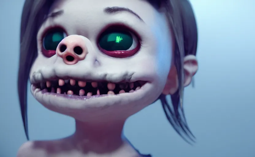 Prompt: cute lil horror character, close - up portrait, saturday morning monster 3 d pixar style, trending on arstation octane rendered in 8 k unreal engine 5, cinematic and dramatic, gloomy, mystic and magical, fantastic and whimsical