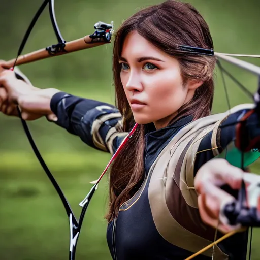 Image similar to photo realistic, consistent and highly detailed face, a attractive sports woman in archery, pointing his bow, uhd 8 k, highly detailed