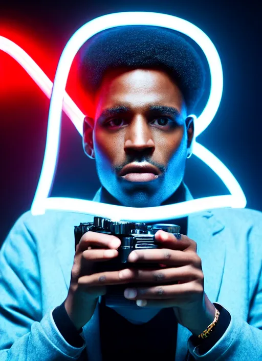 Image similar to a black man with short curly haircut, portrait, wearing black letter jacket, holding a futuristic looking big cinema camera, light blue led's, sharp focus, octane render, hyperrealistic, cinematic lighting, highly detailed, 8 k,