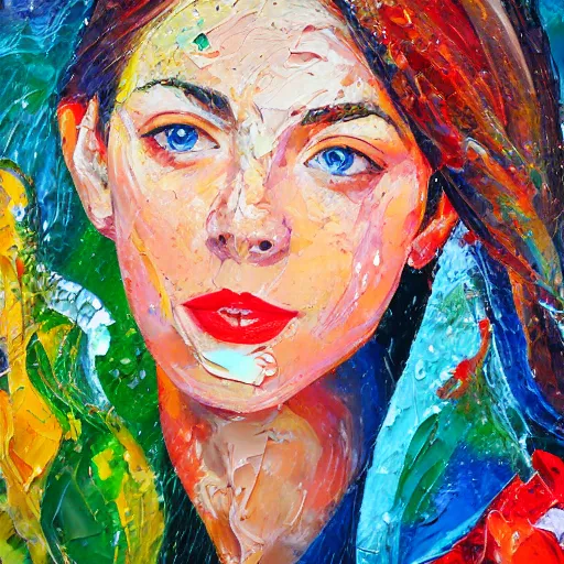 Image similar to oil paint impasto reliefs of beautiful girl in the pouring rain