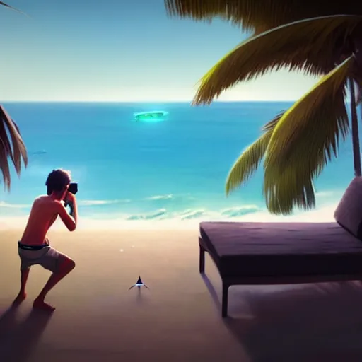 Image similar to A kerbal kerbal Kerbal relaxes on a beach resort as a missile flies towards the house behind him, 3D render, artstation, painting by greg rutkowski
