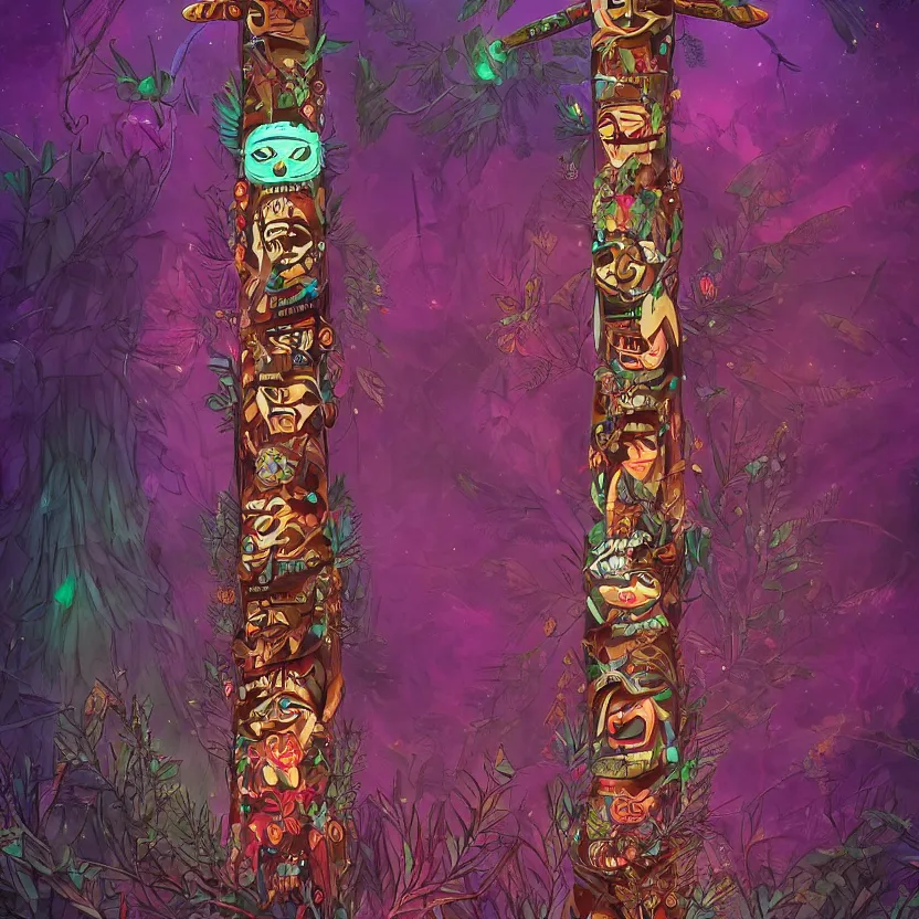 Image similar to close - up view of an indigenous totem pole glowing with magical fairy dust surrounded by dark foliage. whimsical fantasy art. highly detailed digital art. high contrast. dark background. trending on artstation