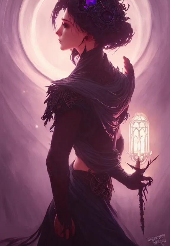 Image similar to Necromancer Sorceress in center, fantasy magic, undercut hairstyle, dark light night, intricate, elegant, sharp focus, illustration, highly detailed, digital painting, concept art, matte, art by WLOP and Artgerm and Greg Rutkowski and Alphonse Mucha, masterpiece