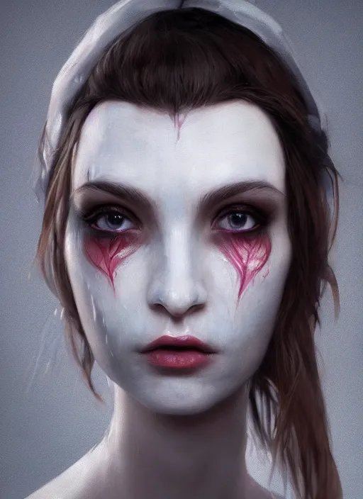 Image similar to portrait of beautiful girl with full pouty lips, skeksis, white face paint, bandaged nose, striking eyes, fullbody, insanely detailed, procedural rendering, greg rutkowski, charlie bowater, yuumei, yanjun cheng, unreal 5, daz, hyperrealistic, octane render, rpg portrait, dynamic lighting, fantasy art, beautiful face