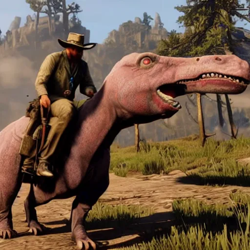 Image similar to barney dinosaur in red dead redemption 2