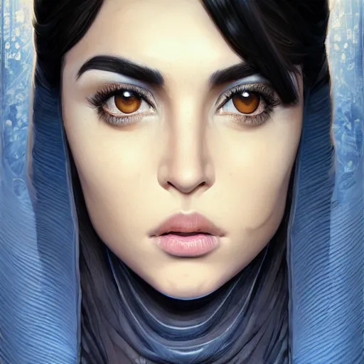 Prompt: greek , ameera al taweel , blue eyes, black hair, beautiful face, Hyper-realistic, Highly Detailed, HD, by Brom, by beeple, studio ghibli, wallpaper, highly detailed, trending on artstation