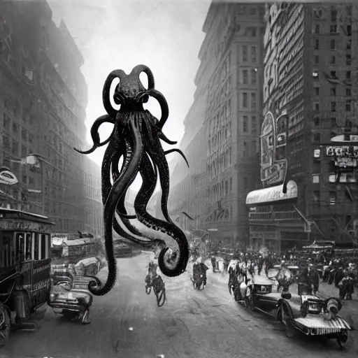 Image similar to old black and white photo, 1 9 1 3, depicting a giant alien dieselpunk octopus rampaging through the bustling streets of new york city, historical record