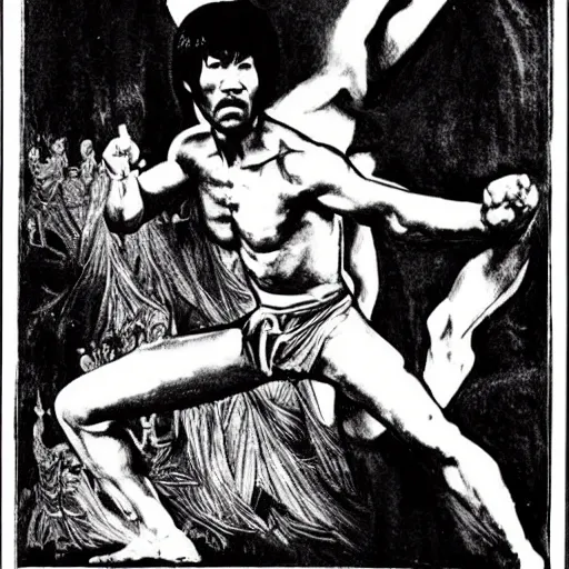 Prompt: Bruce Lee and Chuck Norris on tarot card design, black and white , in the style of Mucha, Durer, Roman motif , coliseum