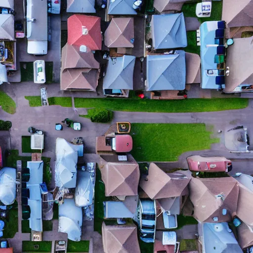 Prompt: a scared hamster flying on a drone above a neighborhood, close up