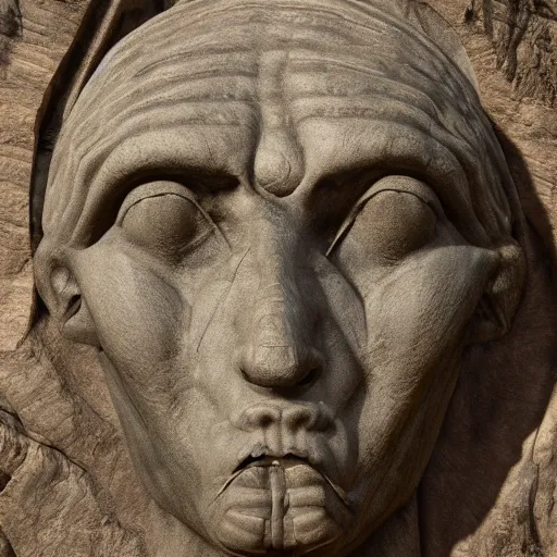 Image similar to highly detailed professional painting of ancient monumental alien bust in mountains trending on artstation, ultra detail, atmospheric lighting
