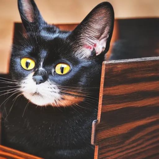 Prompt: a black cat in a wooden box with an opening in the shape of a cat head