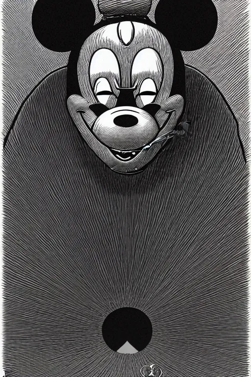 Image similar to sideview waist up portrait of mickey mouse wearing black cape hoodie by laurie greasley and rene magritte, etching by gustave dore, intricate, sharp focus, illustration, highly detailed, digital painting, concept art, masterpiece