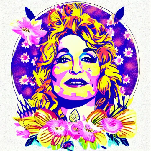 Prompt: flower child, Dolly Parton, graphic design, vintage, psychedelic
