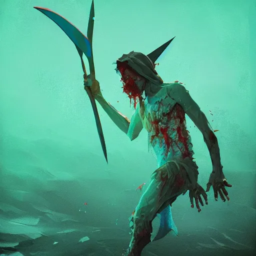 Image similar to low poly painting by greg rutkowski of a drowned zombie holding a trident with glowing cyan eyes, wearing ragged clothing, holding a trident, underwater, pastel green and blue color palette