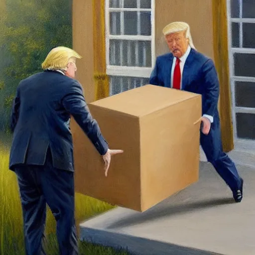 Image similar to jon mcnaughton painting of donald trump sneaking out of the white house with a box labeled top secret