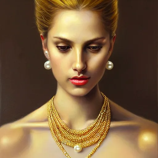 Prompt: Facial portrait of a gorgeous girl, looking away from the camera, seductive smile, heavy gold jewellery, gold and pearl necklaces, elegant revealing intricate dress, sparkle in eyes, lips slightly parted, long flowing hair, no hands visible, delicate, teasing, arrogant, defiant, bored, mysterious, intricate, extremely detailed painting by Mark Brooks (and by Greg Rutkowski), visible brushstrokes, thick paint visible, no light reflecting off paint, vibrant colors, studio lighting