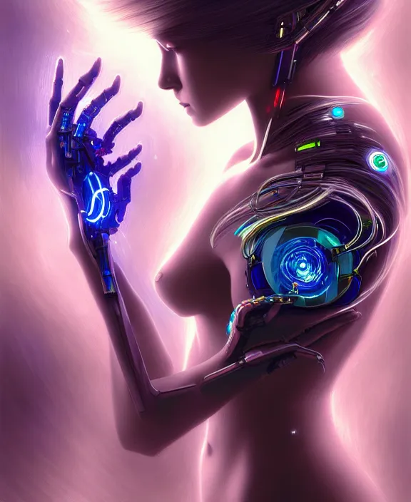 Image similar to a whirlwind of souls rushing inside the metaverse, hologram, half body, neurochip, shaved temple, piercing, jewelry, android, cyborg, cyberpunk face, by loish, d & d, fantasy, intricate, elegant, highly detailed, colorful, digital painting, artstation, concept art, art by artgerm and greg rutkowski and alphonse mucha