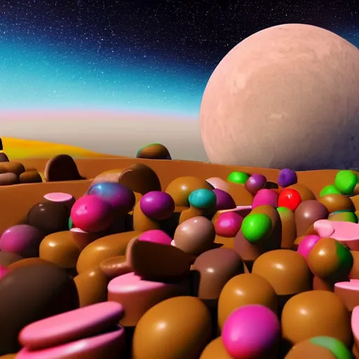 Image similar to a realistic planet made of candy with sea of milk and chocolate mountains, super realistic, unreal engine, octane render, 8 k