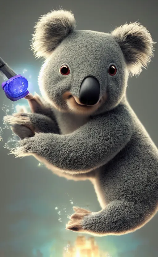 Image similar to koala bear wearing socks, magical city, water bear, cute, electric, furry, soft, concept art, intricate details, highly detailed, photorealistic, disney pixar, octane render, iridescent, anime, 8 k