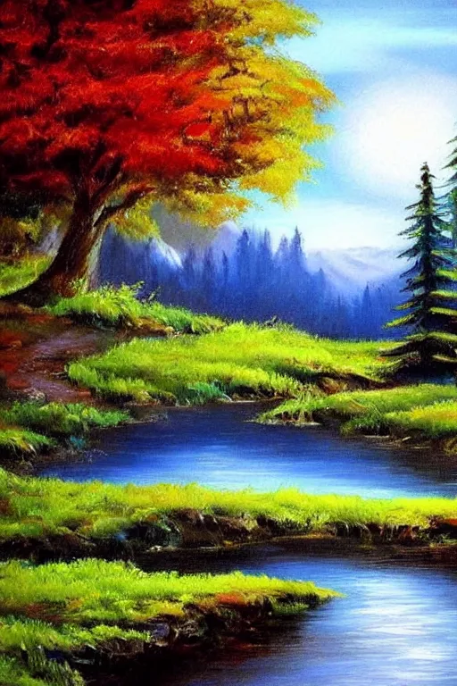 Image similar to a beautiful bob ross landscape painting