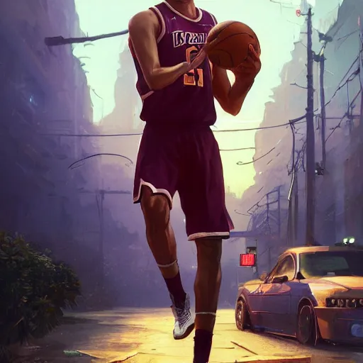 Prompt: highly detailed basketball player, in gta v, stephen bliss, unreal engine, fantasy art by greg rutkowski, loish, rhads, ferdinand knab, makoto shinkai and lois van baarle, ilya kuvshinov, rossdraws, tom bagshaw, global illumination, radiant light, detailed and intricate environment