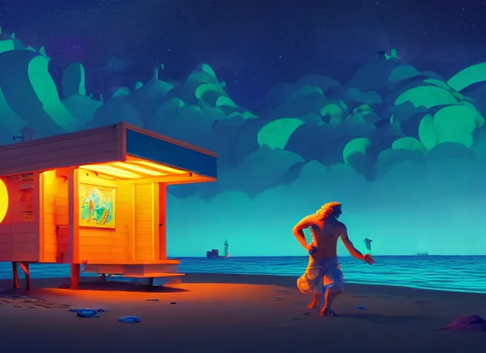 Image similar to a luminescent beach hut at night by paolo eleuteri serpieri and tomer hanuka and chesley bonestell and daniel merriam and tomokazu matsuyama, unreal engine, high resolution render, featured on artstation, octane, 8 k, highly intricate details, vivid colors, vector illustration