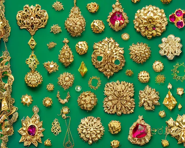 Image similar to random abstract fractal shapes ornately decorated with gold and gems, green background, studio photography, rubies, emeralds, gold, jewels,