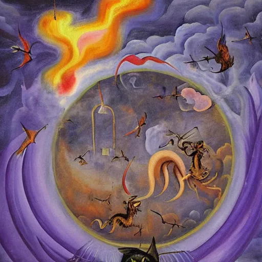 Prompt: bosch painting apocalyptic of a flying cat god in purple flames