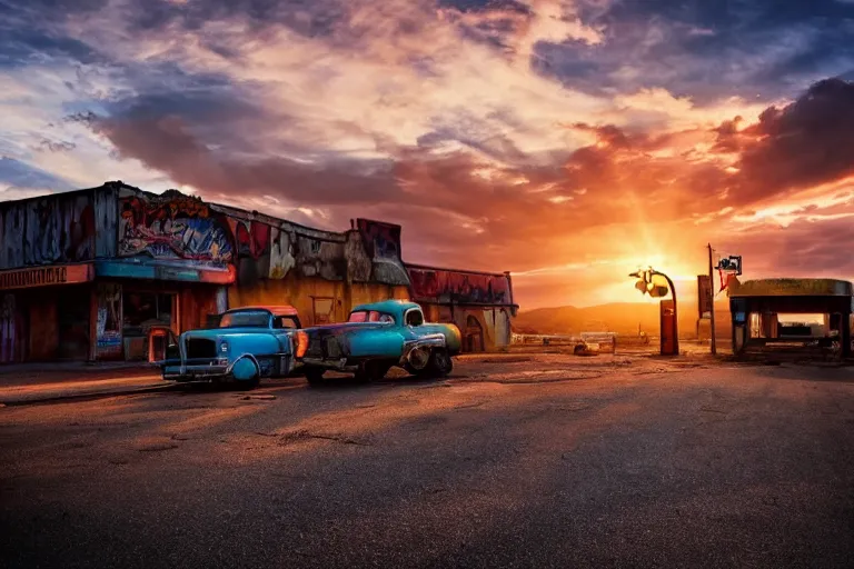 Image similar to a sunset light landscape with historical route 6 6, lots of sparkling details and sun ray ’ s, blinding backlight, smoke, volumetric lighting, colorful, octane, 3 5 mm, abandoned gas station, old rusty pickup - truck, beautiful epic colored reflections, very colorful heavenly, softlight