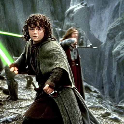 Prompt: A scene from Lord of the Rings, all characters have lightsabers, weta workshop, high quality, movie scene