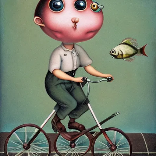 Image similar to a fish on a tricycle, lowbrow painting by mark ryden