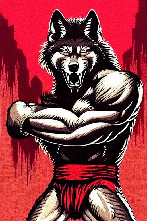 Image similar to extreme long shot. 8 bit nes graphics. antropomorphic muscular masculine wolf. kickboxer fighter, in shorts. wolf head. angry. fine details, very sharp, art from nes game cartridge, 8 0's, vhs artefacts, vaporwave style, marc simonetti and hermann nitsch and anish kapoor.