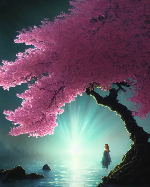 Prompt: one singular matte painting of a wet bioluminescent cherry blossom tree, highly detailed, digital painting, cinematic, hyper realism, dark retrowave, art by stanley lau and artgem and magali villeneuve and alphonse mucha, artstation, octane renderer, cgsociety