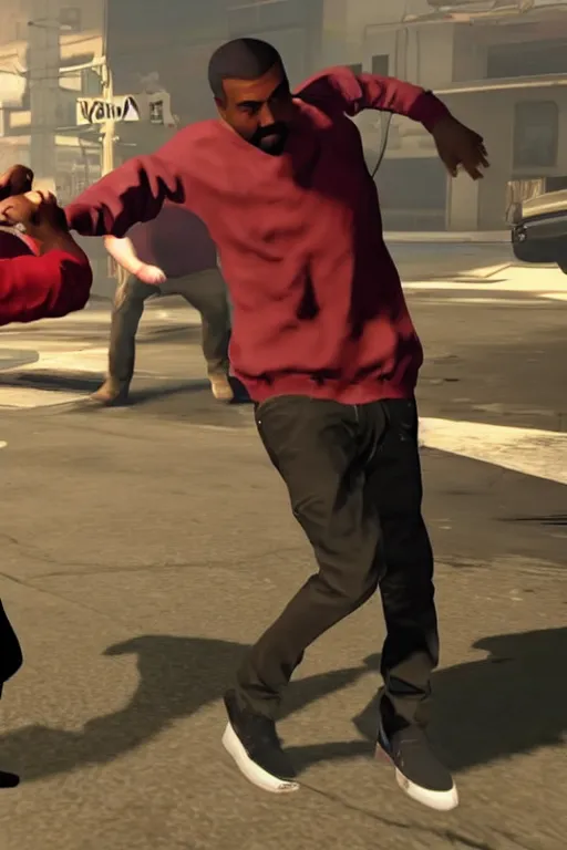 Image similar to kanye west having a fistfight with lester crest from gta v, lester crest, lester from gta v, gta lester, gameplay, grand theft auto v, strong dramatic cinematic lighting, blood red sky, smooth, sharp focus, extremely detailed