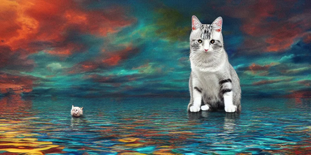 Prompt: a cat that has been dancing on the surface of the water, digital art