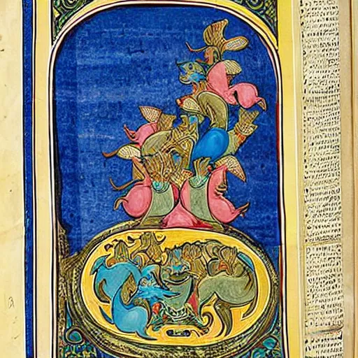 Prompt: illuminated manuscript with cats