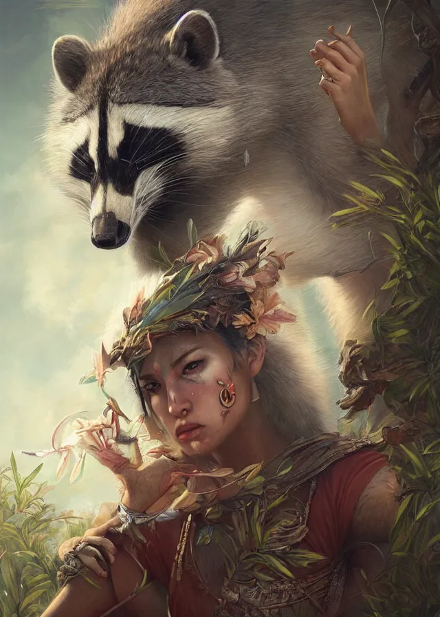 Image similar to a beautiful hyper realistic detailed painting of the sacred spirit raccoon who protect these land, by tom bagshaw, ross tran and bayard wu, inspired by dragon age inquisition