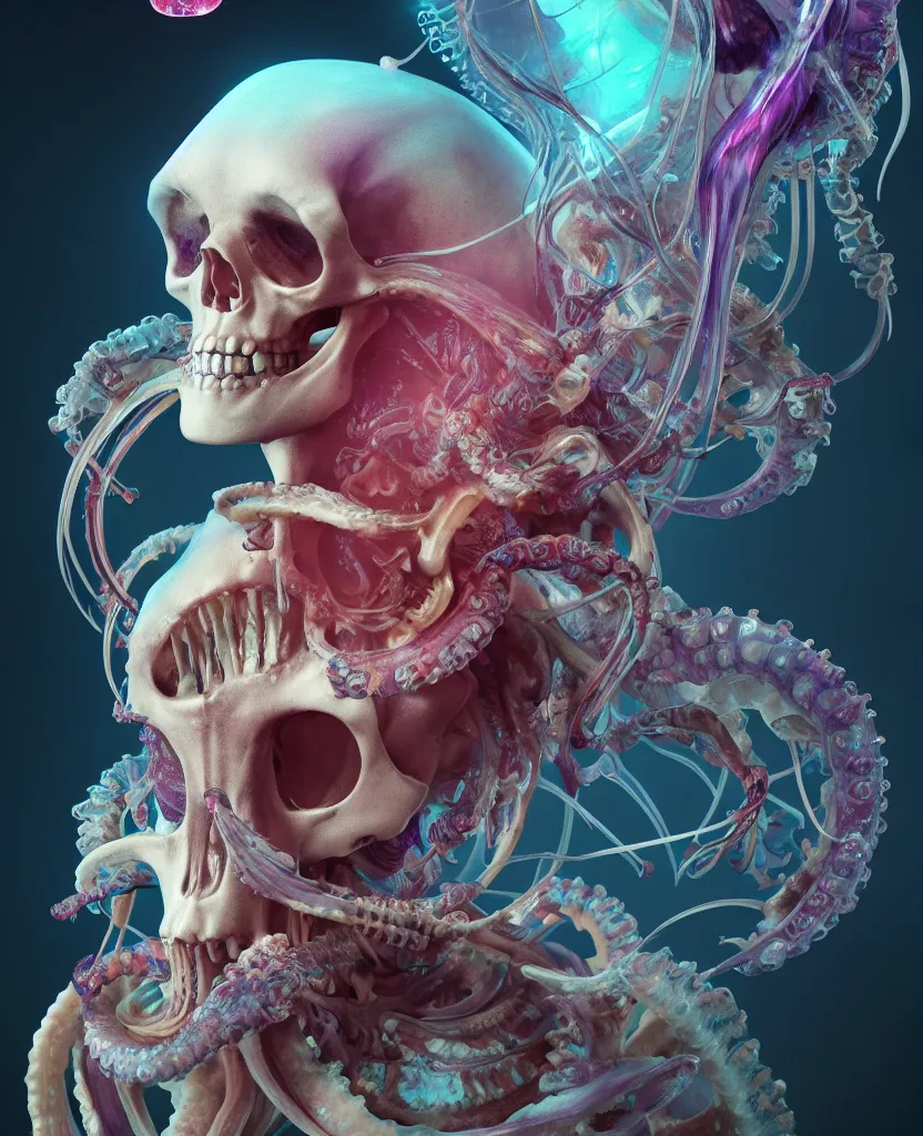 Image similar to goddess close - up portrait human skeleton, ram skull, squid phoenix jellyfish, orchid, betta fish, bioluminiscent, intricate artwork by tooth wu and wlop and beeple. octane render, trending on artstation, greg rutkowski very coherent symmetrical artwork. cinematic, hyper realism, high detail, octane render, 8 k