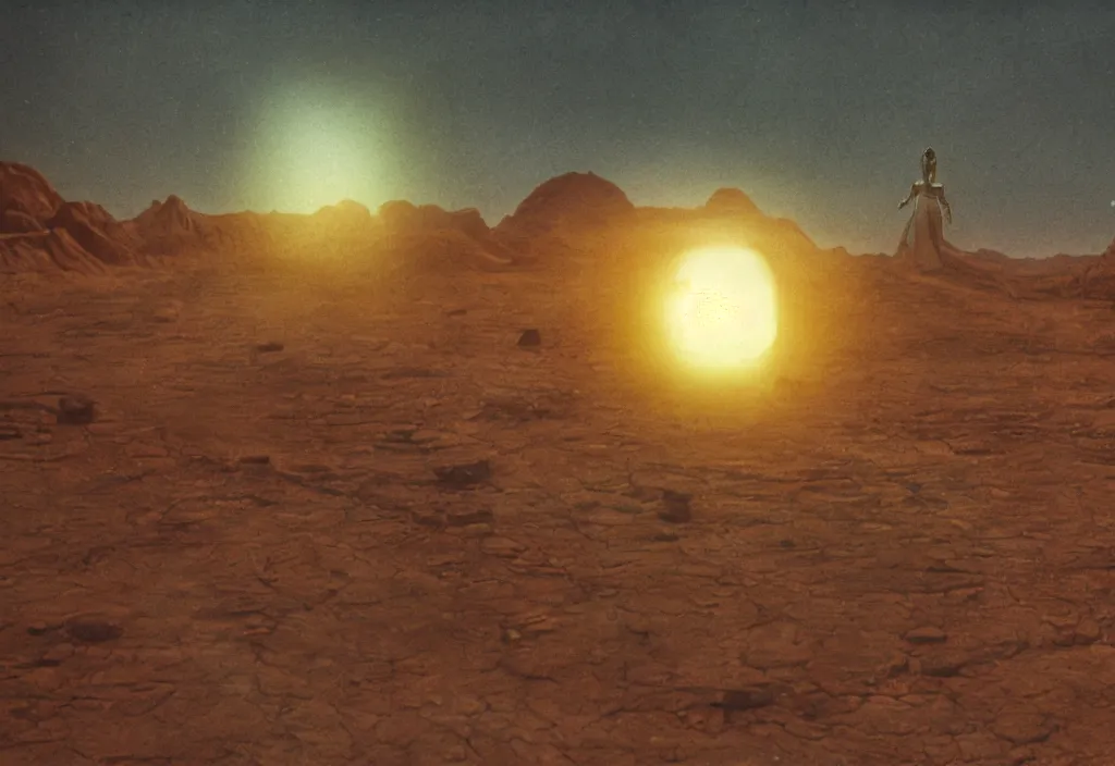 Prompt: glowing bene gesserit in full - face golden mask in a dry rocky desert landscape with alien complex city beneath the sand and giant alien spaceship in the sky attacks the earth by christopher doyle and alejandro jodorowsky, anamorphic lens, kodakchrome, cinematic composition, masterpiece, 8 k,