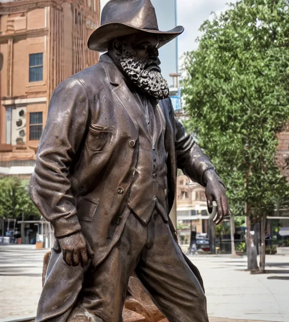 Image similar to a 4 k photorealistic photo medium shot of a bronze statue of a man with a beard wearing a cowboy hate.