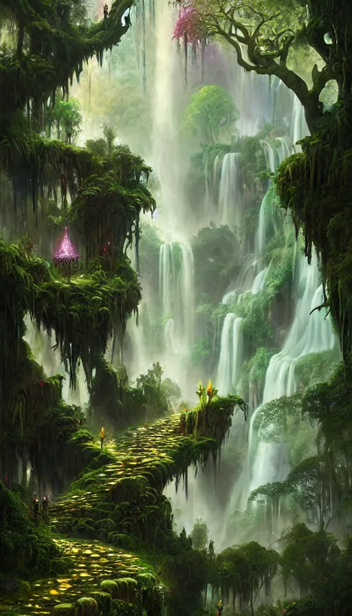 Image similar to fairy palace, castle towers, waterfall of gold and gems, gnarly trees, lush vegetation, forest landscape, painted by tom bagshaw, raphael lacoste, eddie mendoza, alex ross concept art matte painting