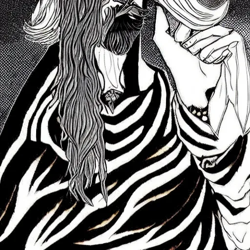 Prompt: black and white pen and ink!!!!!!! Twin Peaks Black Lodge goetic vampire handsome beard golden!!!! Vagabond!!!! floating magic swordsman!!!! glides through a beautiful!!!!!!! liquid magic floral crystal battlefield dramatic esoteric!!!!!! Long hair flowing dancing illustrated in high detail!!!!!!!! by Moebius and Hiroya Oku!!!!!!!!! graphic novel published on 2049 award winning!!!! full body portrait!!!!! action exposition manga panel black and white Shonen Jump issue by David Lynch eraserhead and beautiful line art Hirohiko Araki!! Rossetti, Millais, Mucha, Jojo's Bizzare Adventure