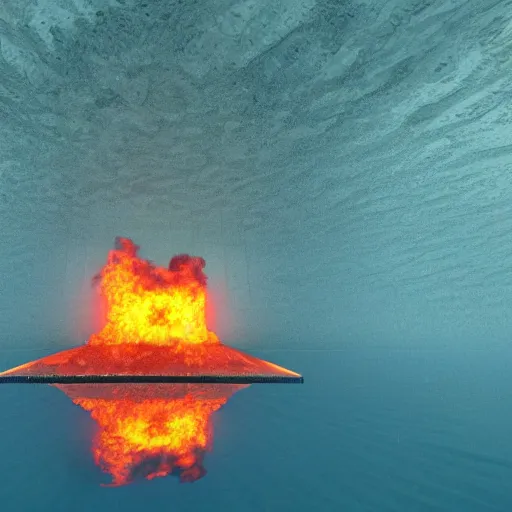 Prompt: an underwater house on fire with high quality raytraced reflections and refractions, 8k